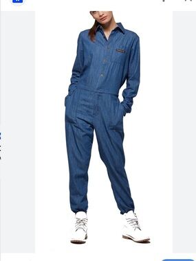 Onepiece Denim Jumpsuit in Faded Blue with Yellow Logo